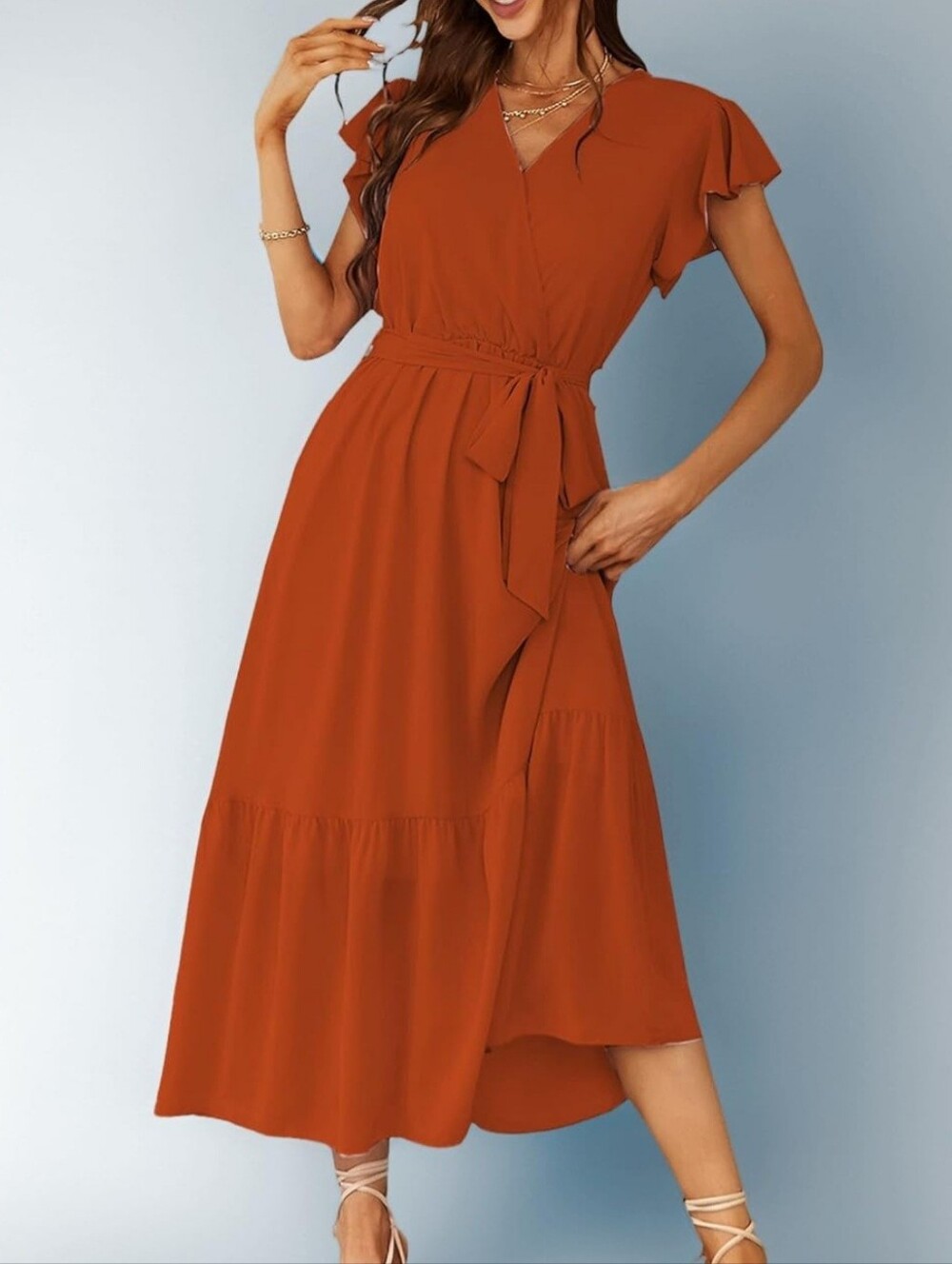Simplee Orange Brick Maxi Dress V-neckline, Short Ruffle sleeves Large